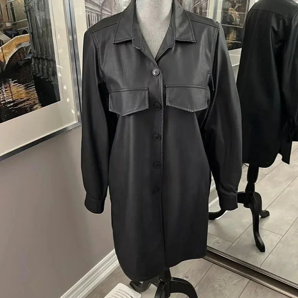 BRIAN BAILEY Faux Leather Dress Shacket Lined with Tie Belt, Size M - Picture 2 of 8